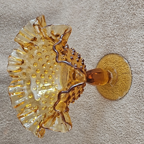 Fenton Vtg Amber Glass Pedestal Compote Dish Hobnail Pattern Ruffled Edge T11 - Picture 2 of 6